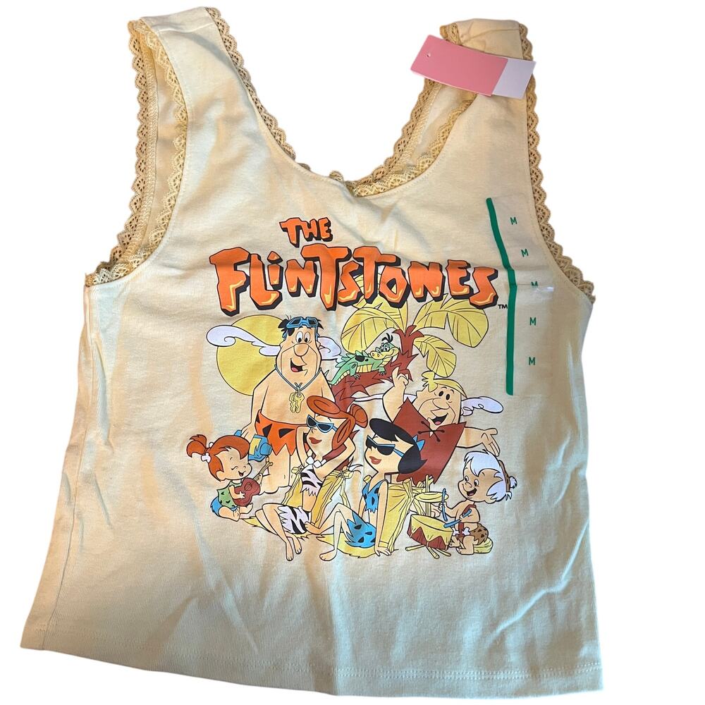 Women's Yellow Cropped Flintstones Graphic Tank Top - Size Medium - NWT